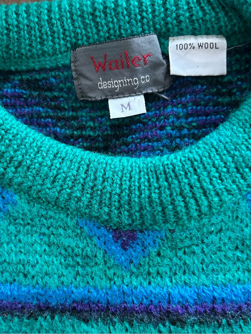 Vintage 90s Wailer Wool Geometric Ski Sweater Teal Purple Abstract Knit M - Picture 2 of 5